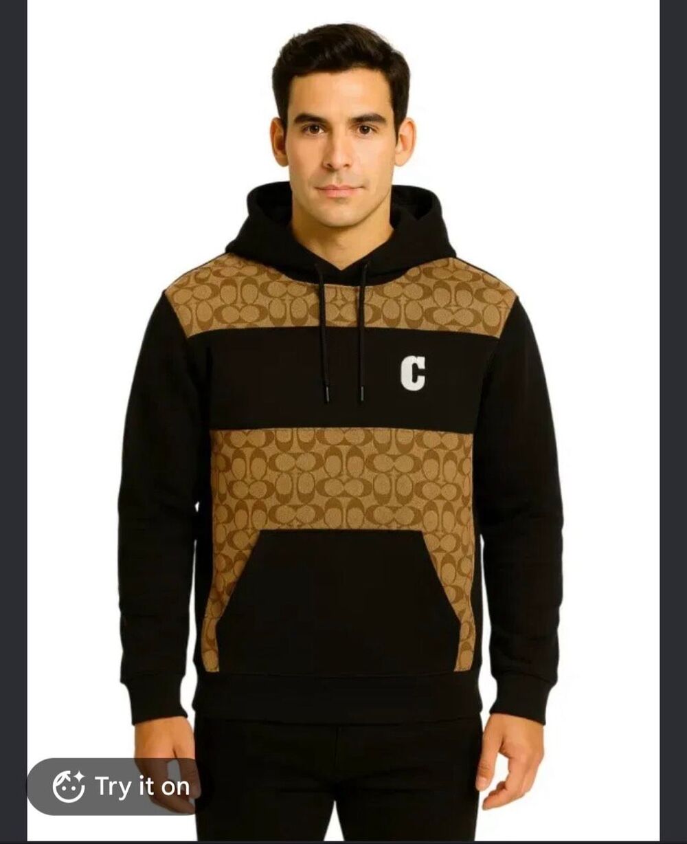 Coach signature jacquard hoodie sweatshirt black/tan EUC